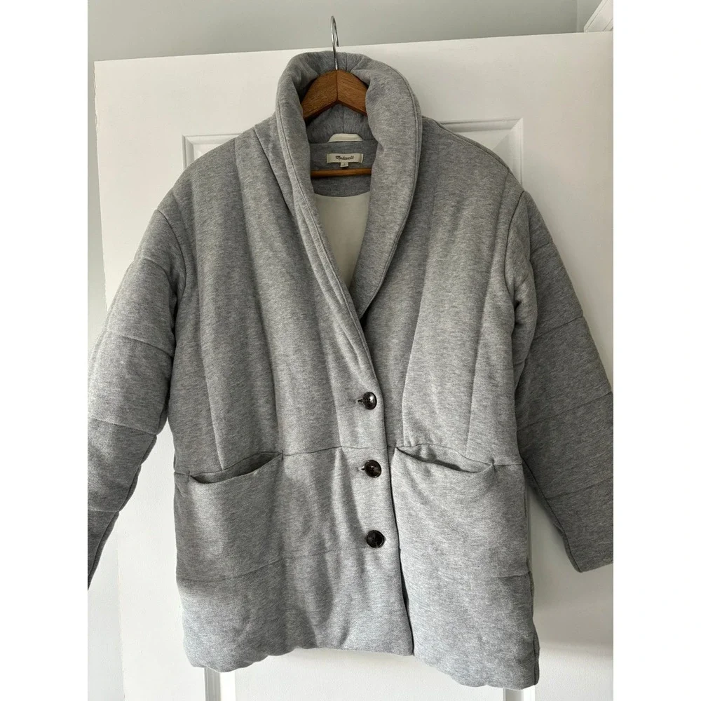 Madewell Quilted Shaw Puffer Coat Women S Gray Button Jacket Front Pockets